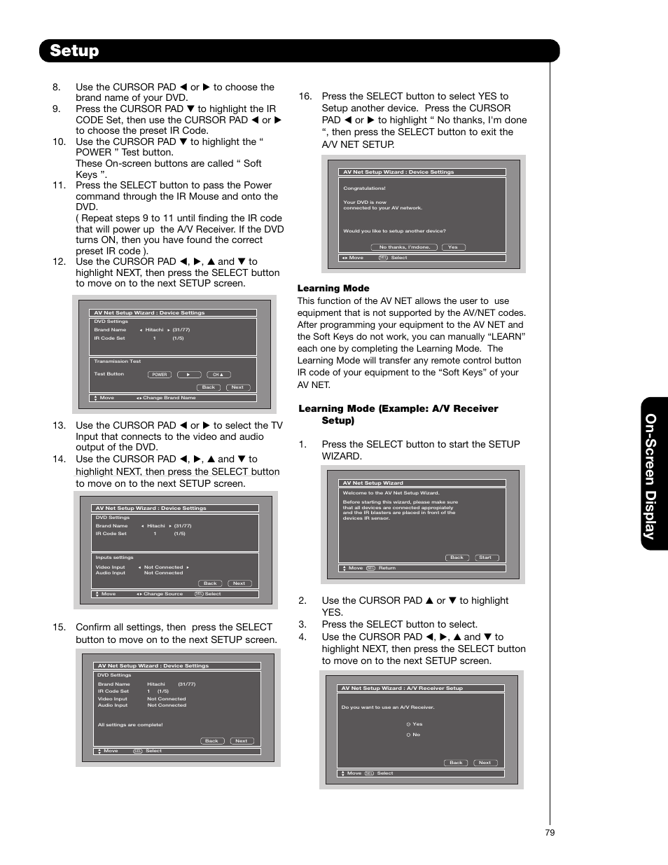 Setup, On-scr een display | Hitachi 50VG825 User Manual | Page 79 / 104