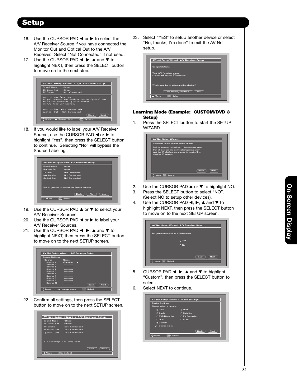 Setup, On-scr een display | Hitachi 50VG825 User Manual | Page 81 / 104