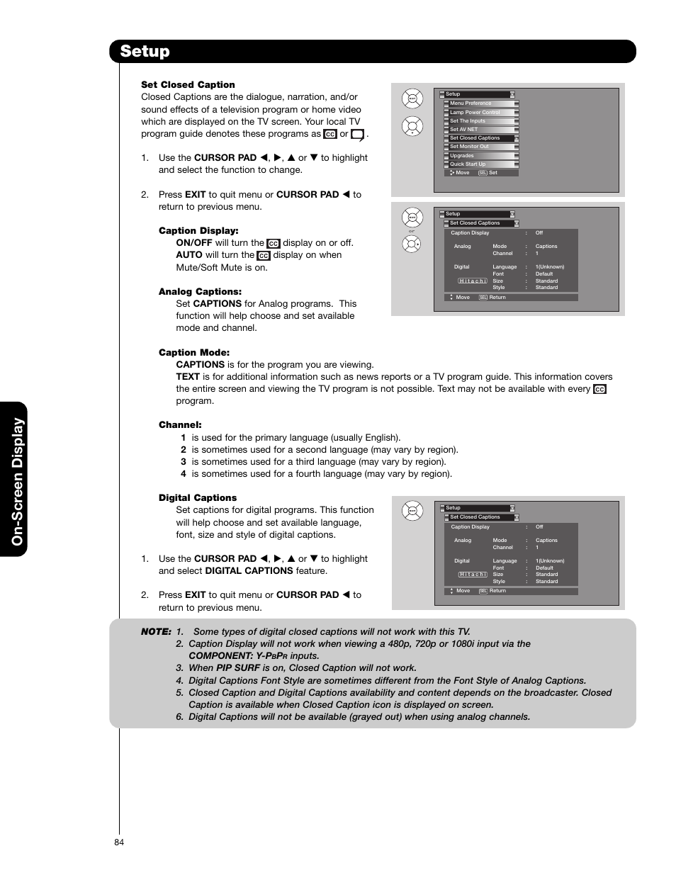 Setup, On-scr een display | Hitachi 50VG825 User Manual | Page 84 / 104