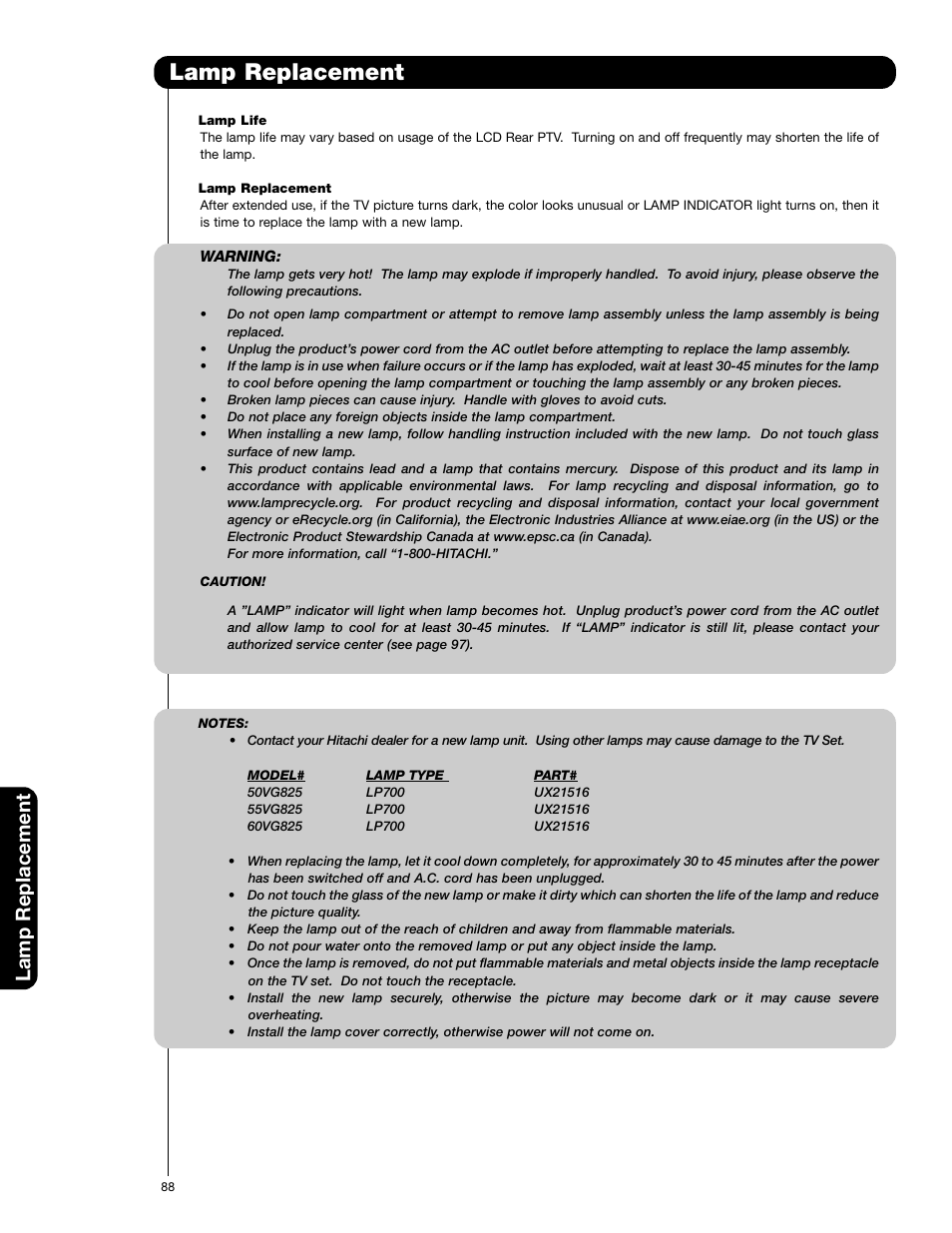 Lamp replacement | Hitachi 50VG825 User Manual | Page 88 / 104
