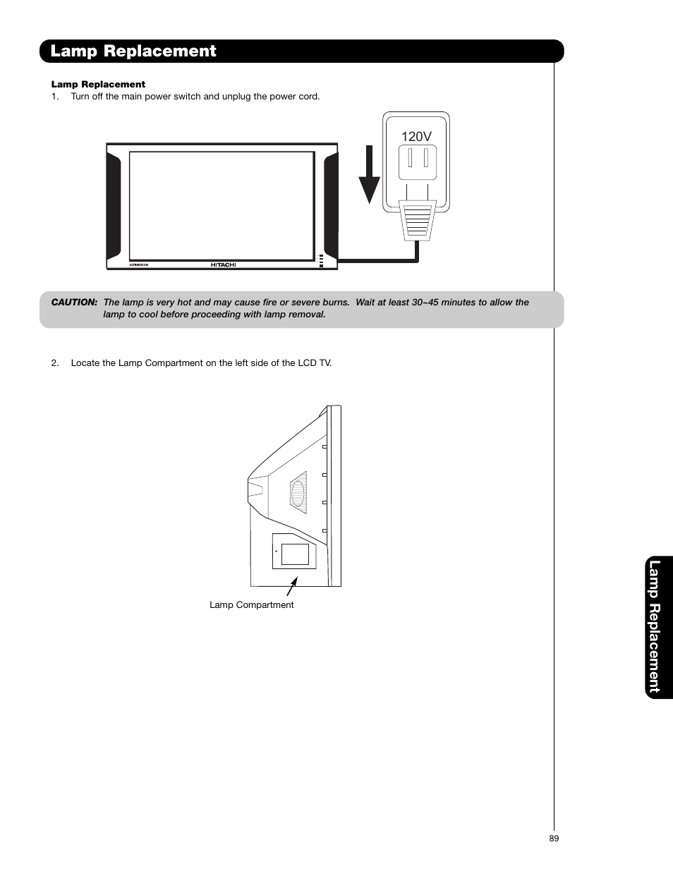 Lamp replacement | Hitachi 50VG825 User Manual | Page 89 / 104