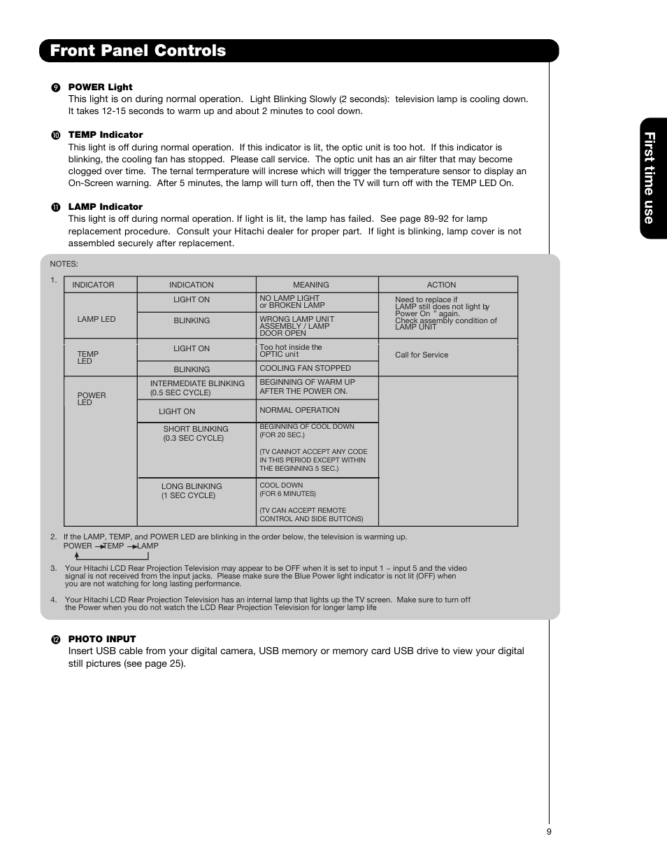 Front panel controls, First time use | Hitachi 50VG825 User Manual | Page 9 / 104