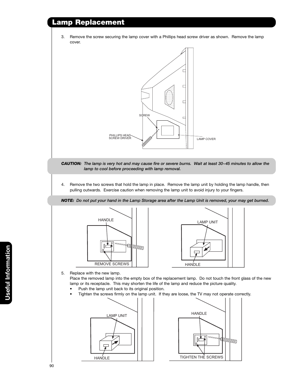 Lamp replacement, Useful information | Hitachi 50VG825 User Manual | Page 90 / 104