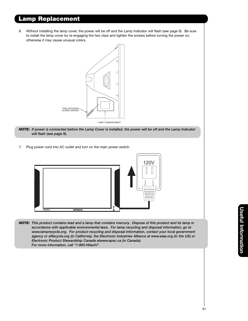 Lamp replacement, Useful information, 120v | Hitachi 50VG825 User Manual | Page 91 / 104