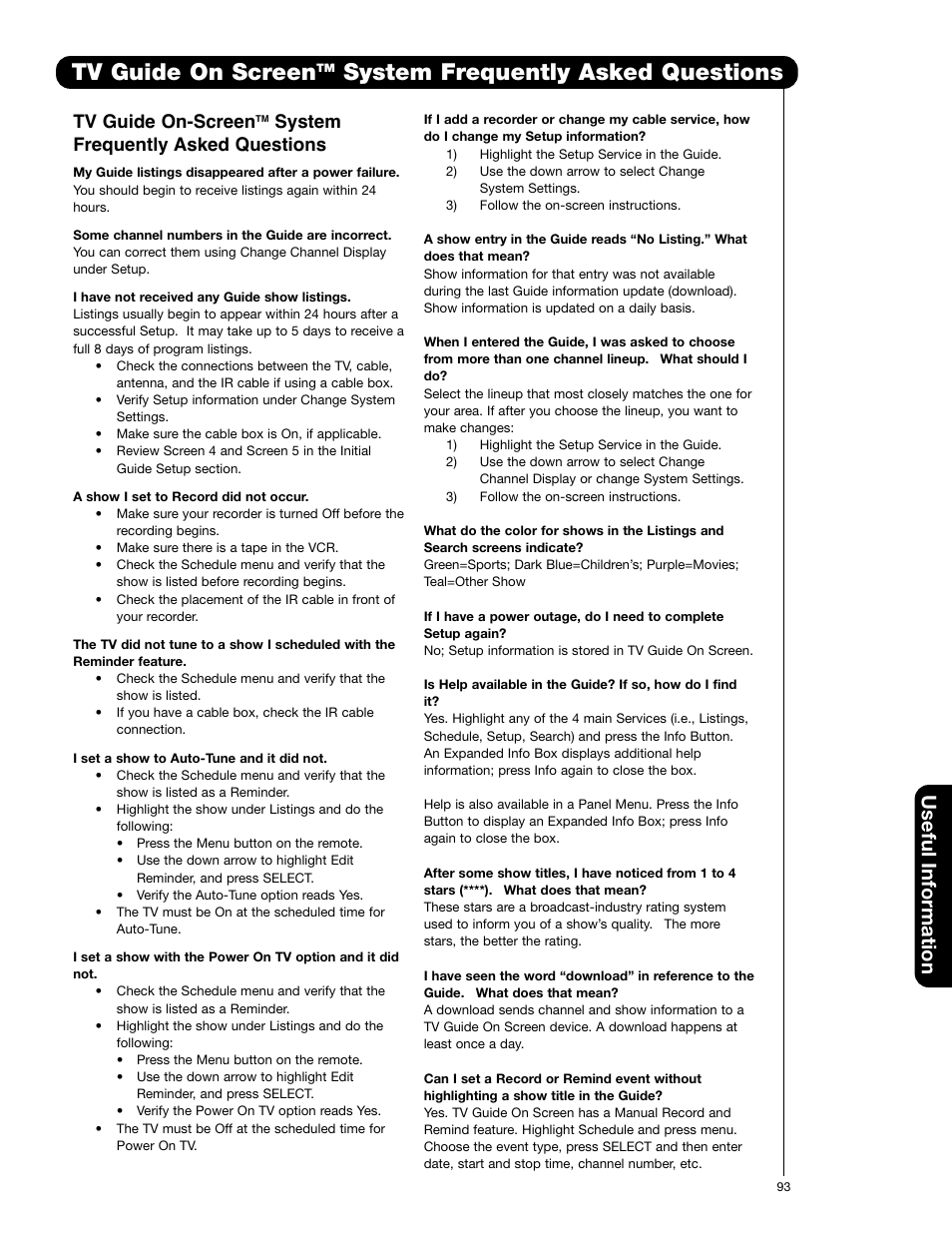 Tv guide on screen, System frequently asked questions, Useful information | Tv guide on-screen | Hitachi 50VG825 User Manual | Page 93 / 104