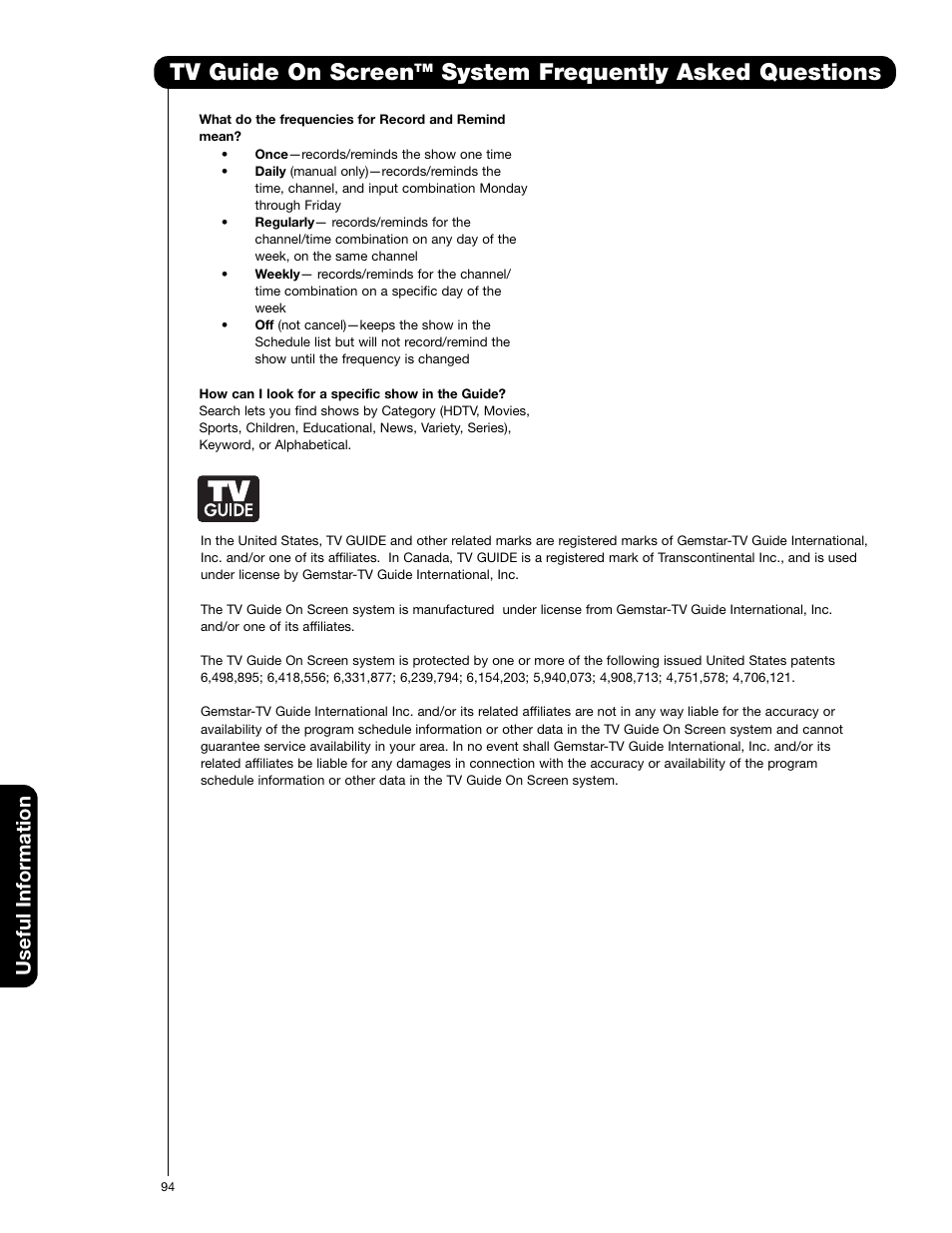 Tv guide on screen, System frequently asked questions, Useful information | Hitachi 50VG825 User Manual | Page 94 / 104