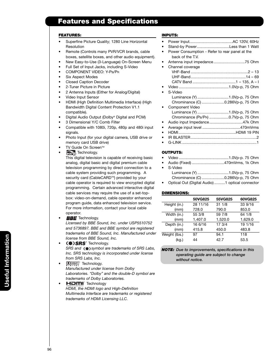 Features and specifications, Useful information | Hitachi 50VG825 User Manual | Page 96 / 104