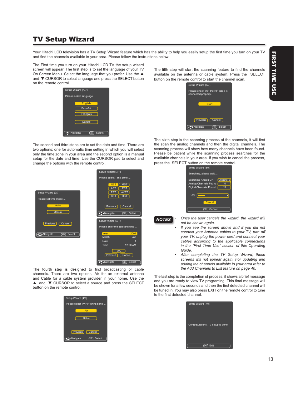 Tv setup wizard, First time use 13 | Hitachi L46S603  EU User Manual | Page 13 / 60