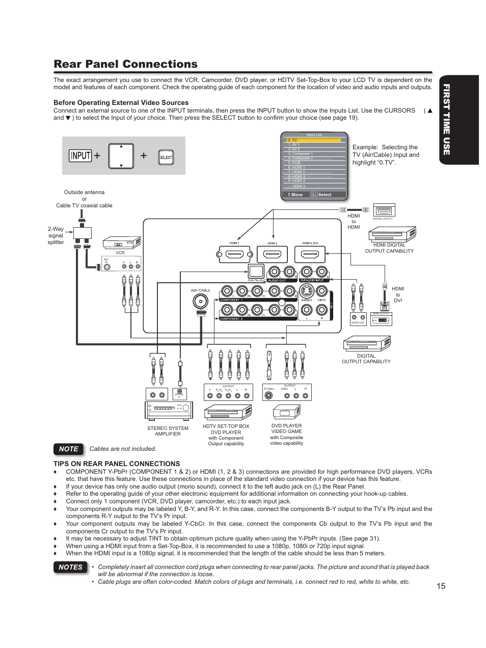 Rear panel connections, First time use 15 | Hitachi L46S603  EU User Manual | Page 15 / 60