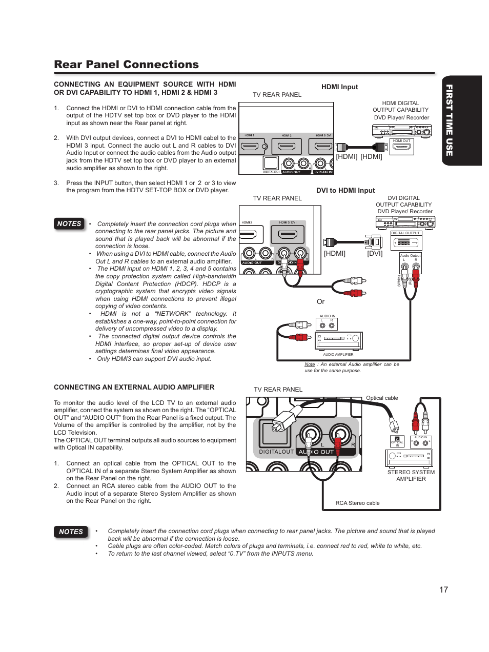 Rear panel connections, First time use 17 | Hitachi L46S603  EU User Manual | Page 17 / 60