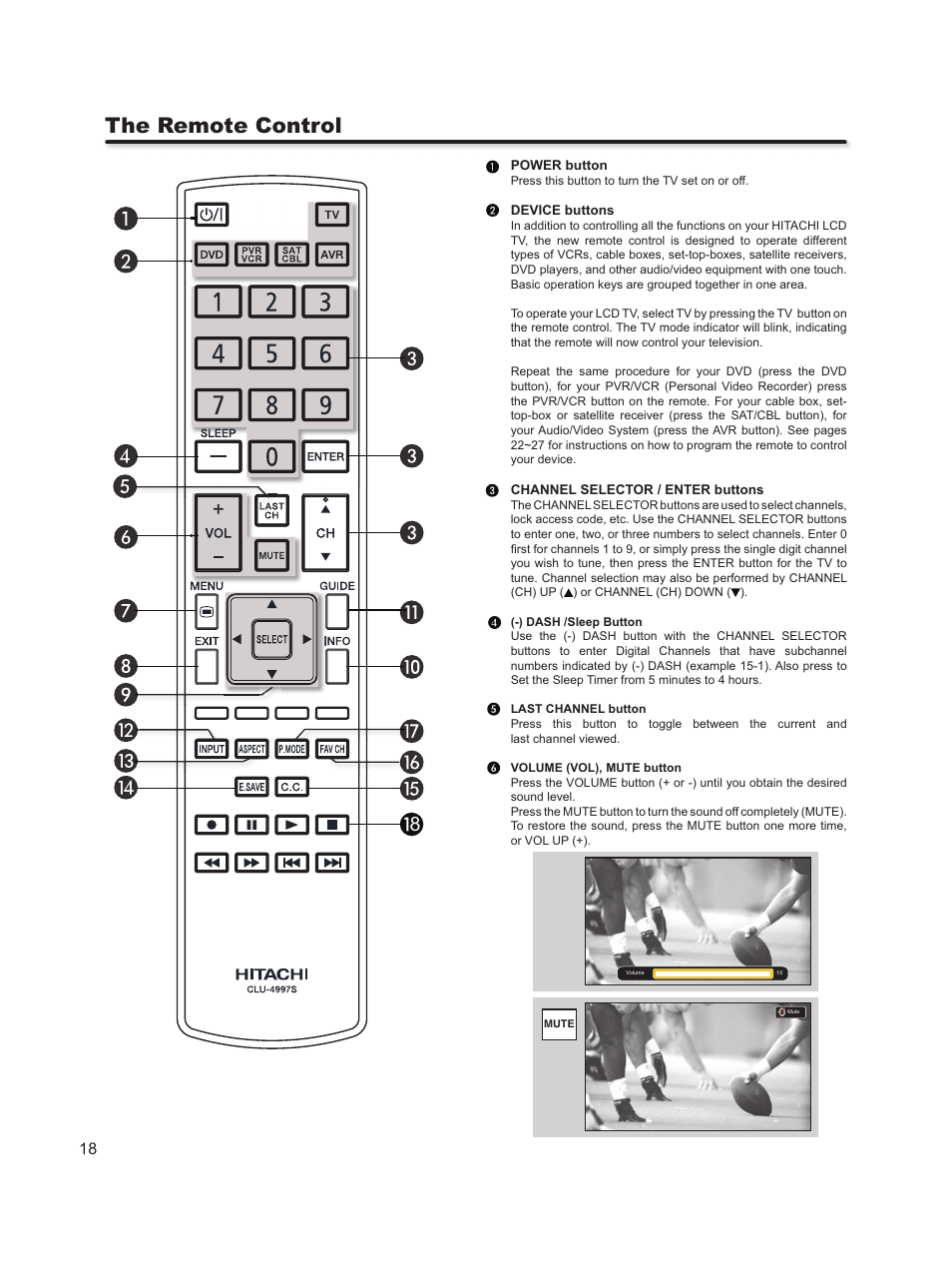 The remote control | Hitachi L46S603  EU User Manual | Page 18 / 60