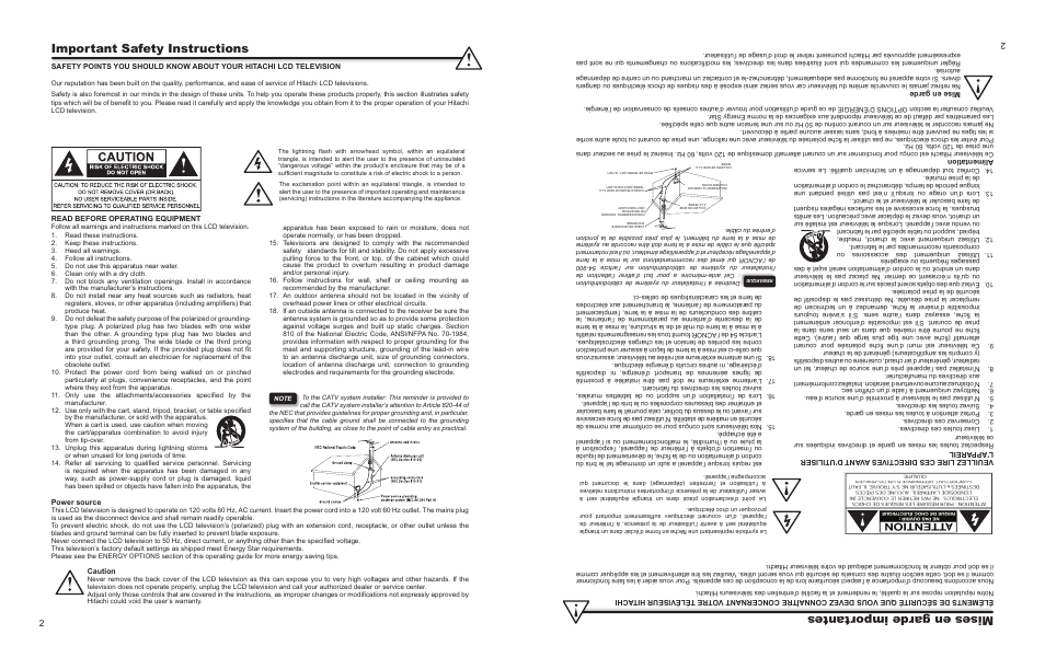 Important safety instructions, Mises en garde impor tantes | Hitachi L46S603  EU User Manual | Page 2 / 60