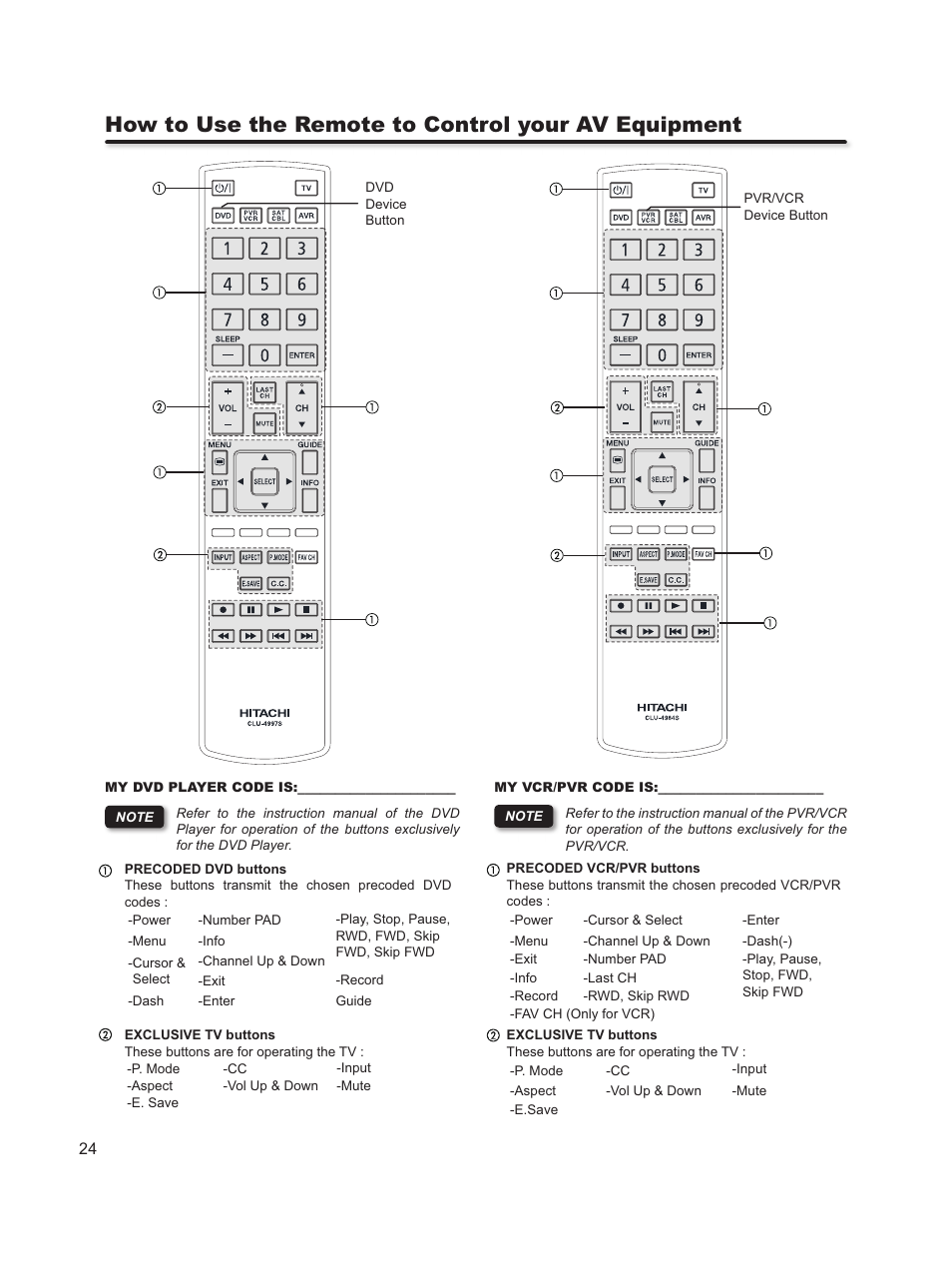 How to use the remote to control your av equipment | Hitachi L46S603  EU User Manual | Page 24 / 60