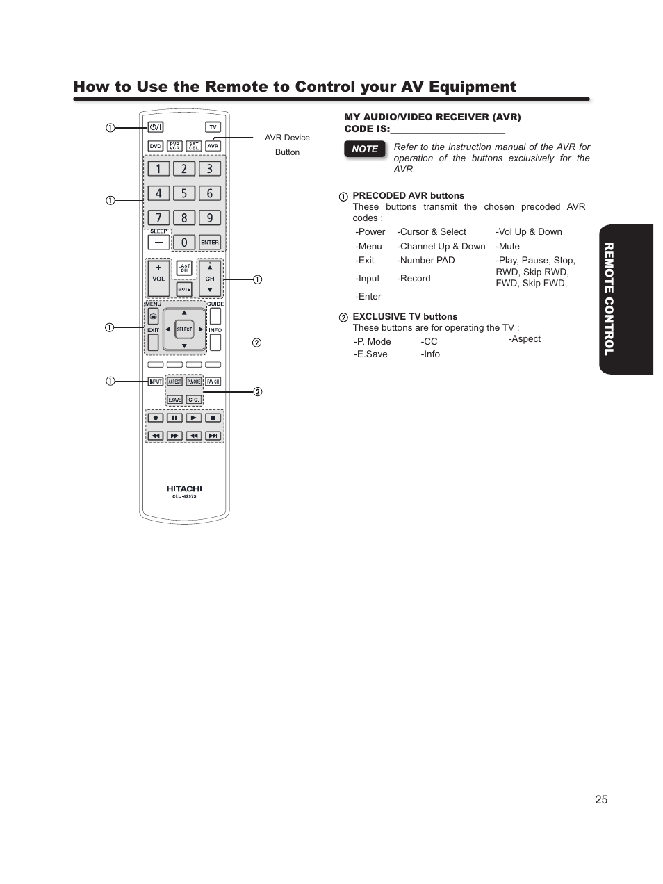 How to use the remote to control your av equipment | Hitachi L46S603  EU User Manual | Page 25 / 60