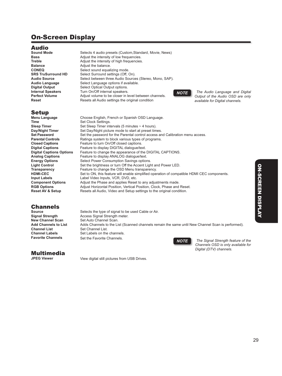 On-screen display, Audio, Setup | Channels, Multimedia | Hitachi L46S603  EU User Manual | Page 29 / 60