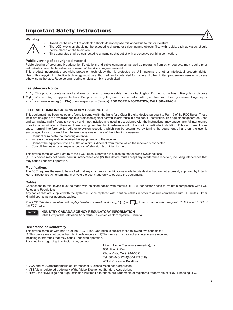 Important safety instructions | Hitachi L46S603  EU User Manual | Page 3 / 60
