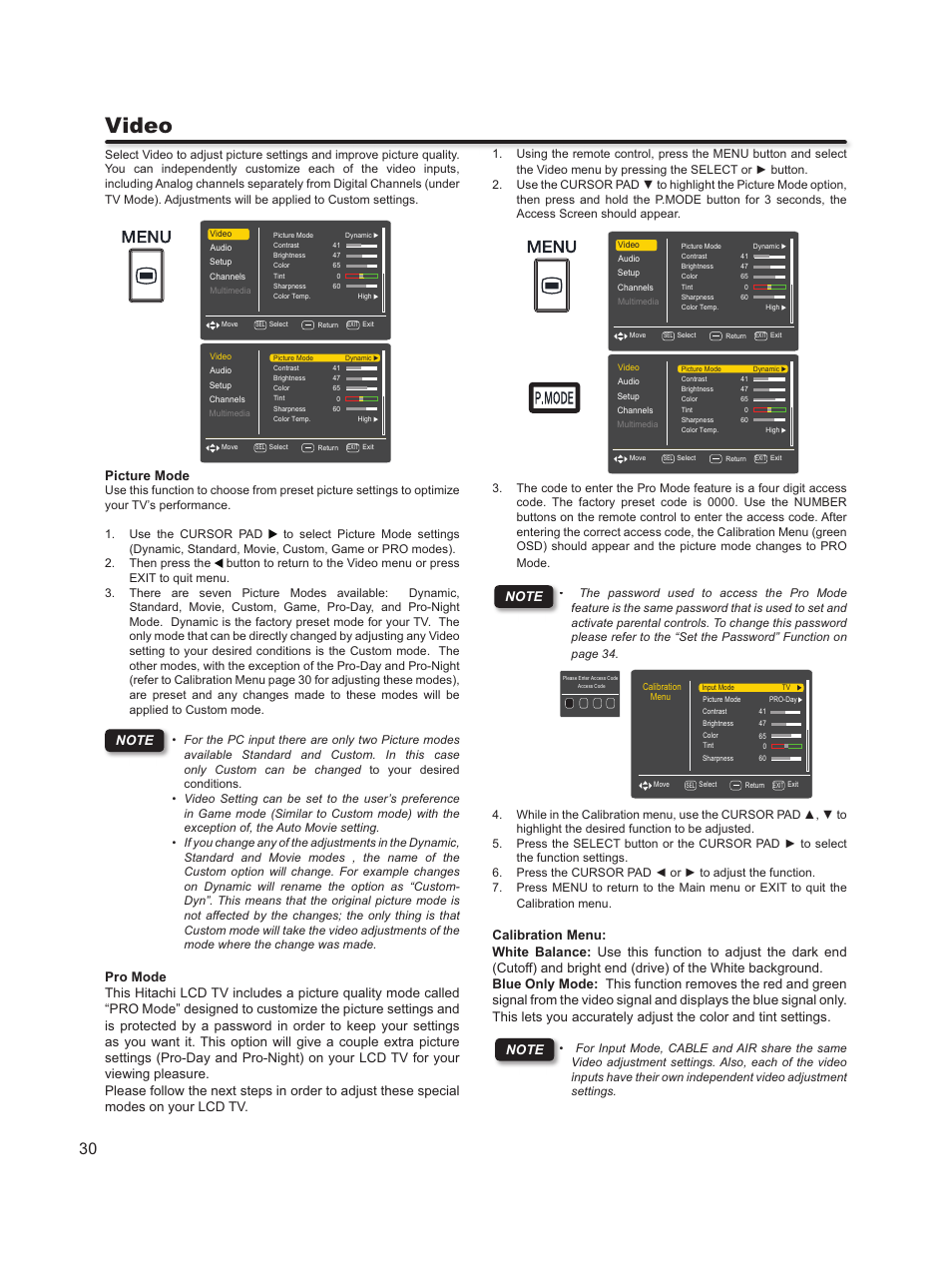Video, Picture mode | Hitachi L46S603  EU User Manual | Page 30 / 60