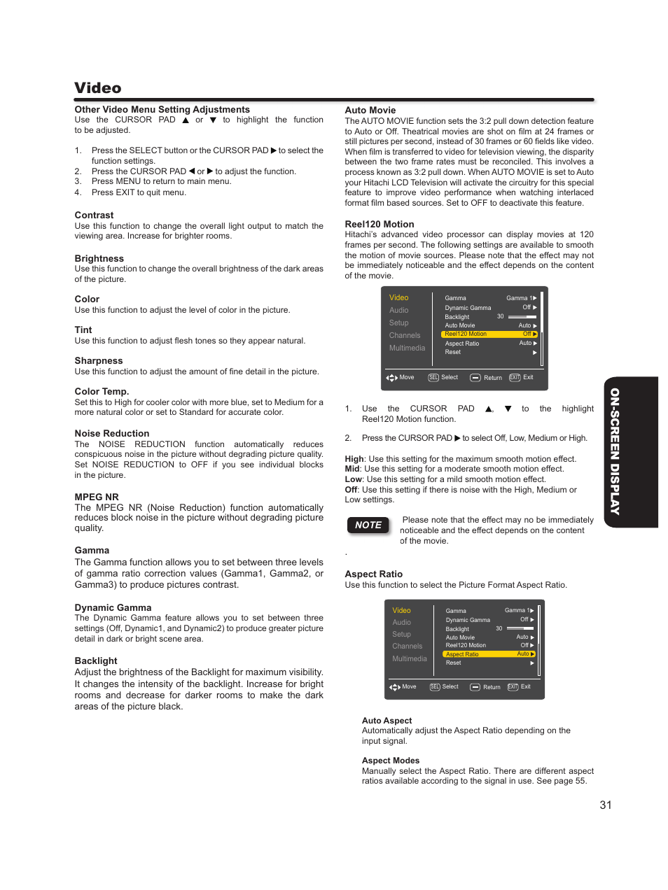 Video, 31 on-screen displa y | Hitachi L46S603  EU User Manual | Page 31 / 60