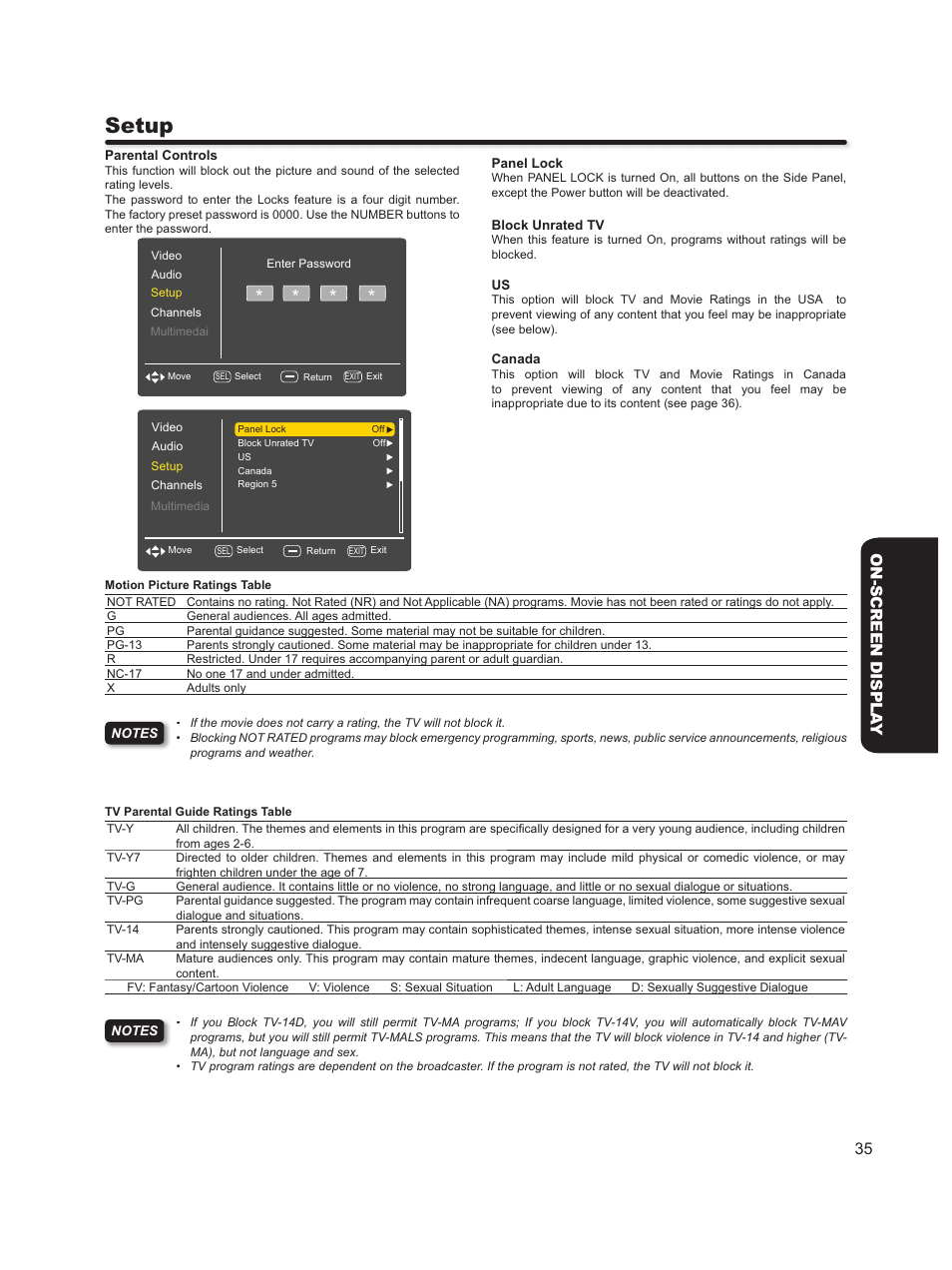 Setup, 35 on-screen displa y | Hitachi L46S603  EU User Manual | Page 35 / 60