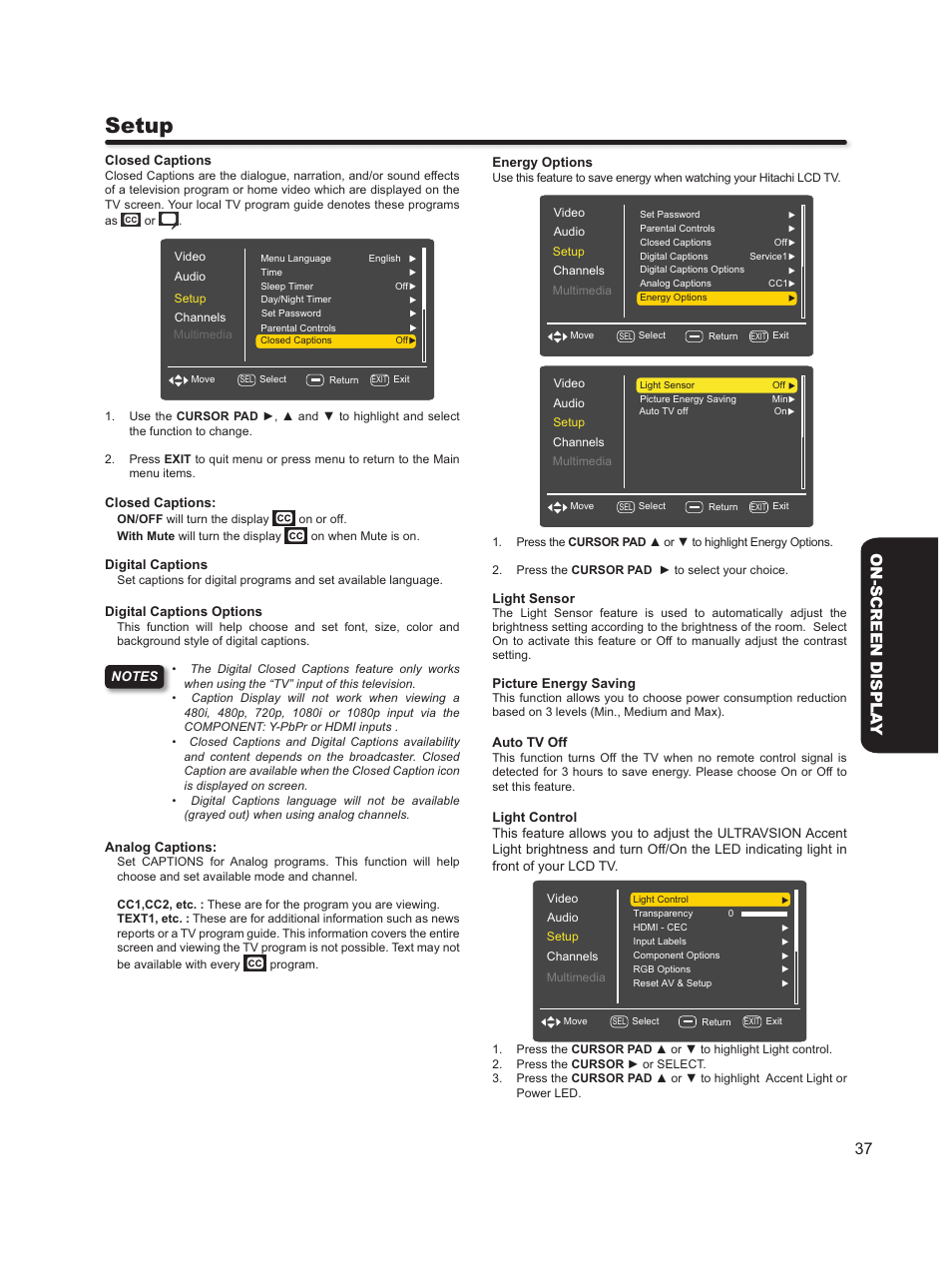 Setup, 37 on-screen displa y | Hitachi L46S603  EU User Manual | Page 37 / 60
