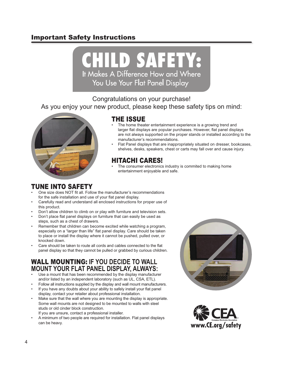 The issue, Hitachi cares, Tune into safety | Hitachi L46S603  EU User Manual | Page 4 / 60