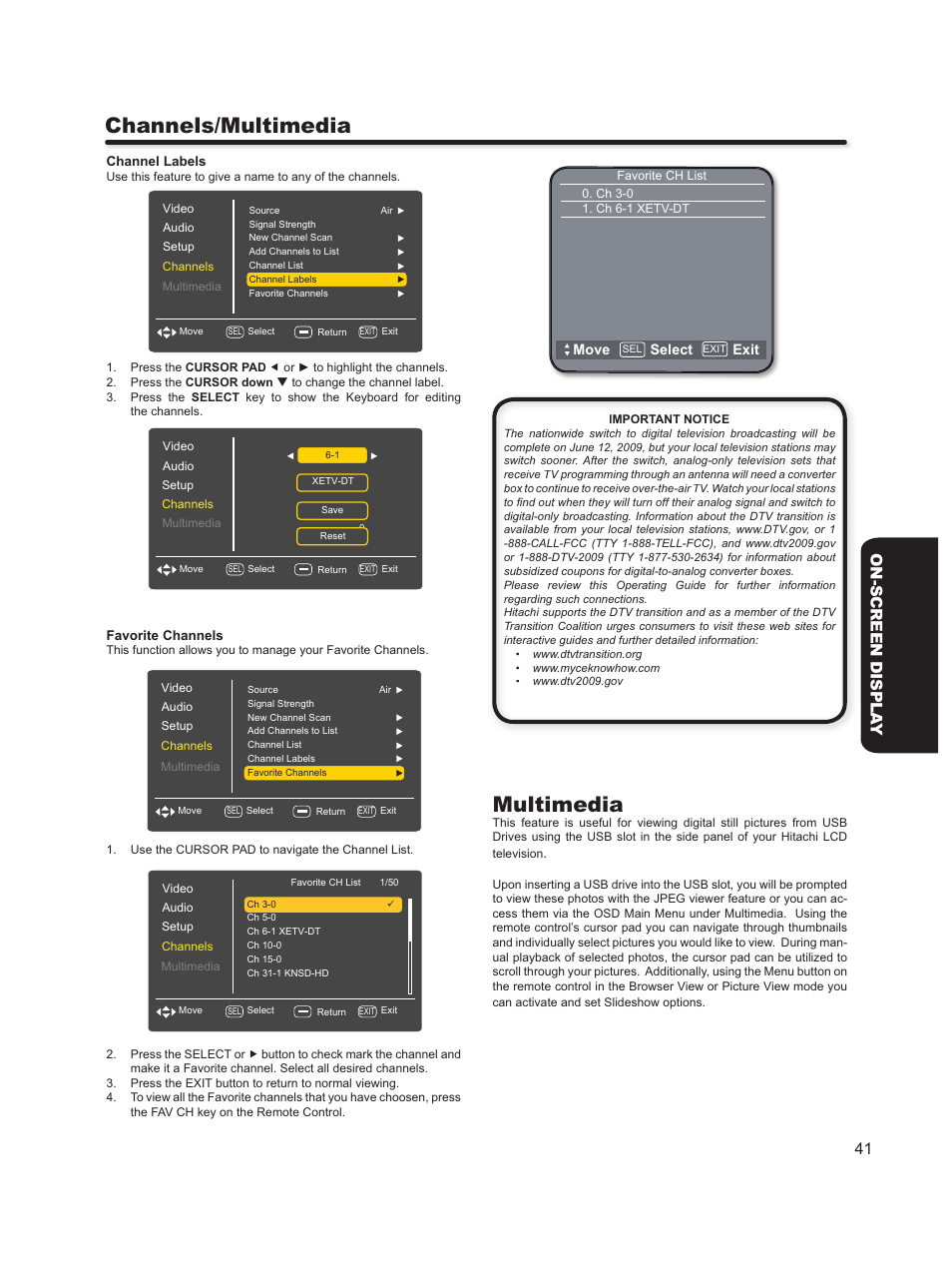 Channels/multimedia, Multimedia, 41 on-screen displa y | Hitachi L46S603  EU User Manual | Page 41 / 60