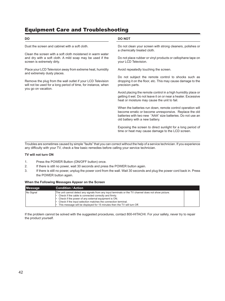 Equipment care and troubleshooting | Hitachi L46S603  EU User Manual | Page 42 / 60