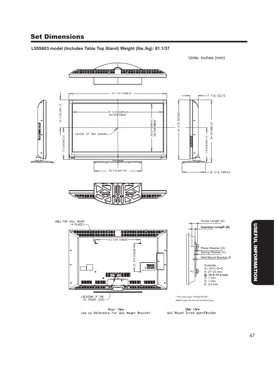 Set dimensions, 47 useful informa tion | Hitachi L46S603  EU User Manual | Page 47 / 60