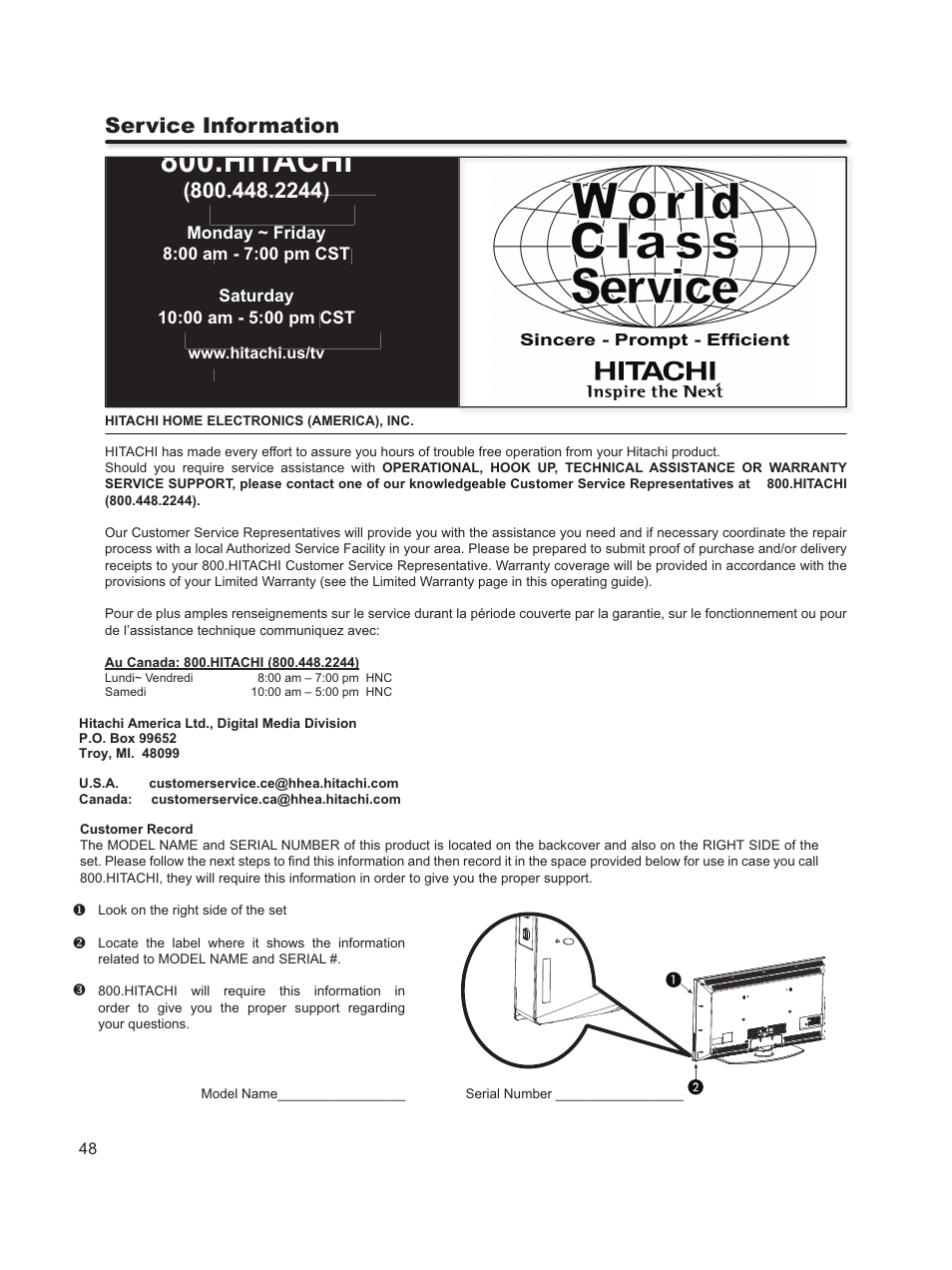 Hitachi, Service information | Hitachi L46S603  EU User Manual | Page 48 / 60