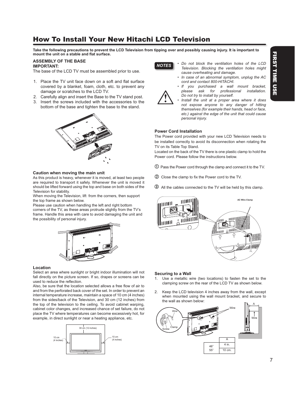 How to install your new hitachi lcd television, First time use 7 | Hitachi L46S603  EU User Manual | Page 7 / 60