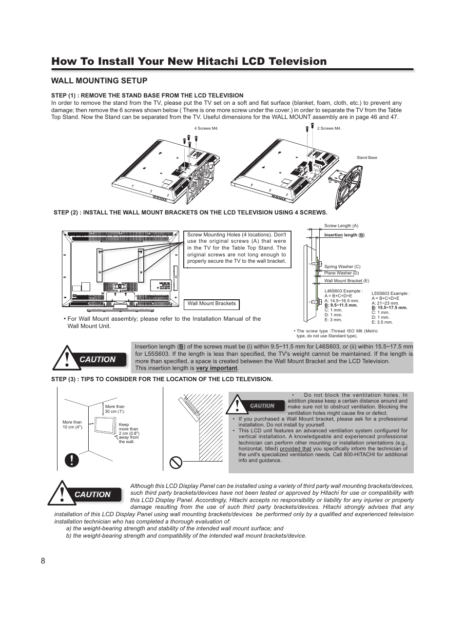 How to install your new hitachi lcd television, Wall mounting setup, Caution ca ca cau on ti ut tio tiion ion on on | Hitachi L46S603  EU User Manual | Page 8 / 60