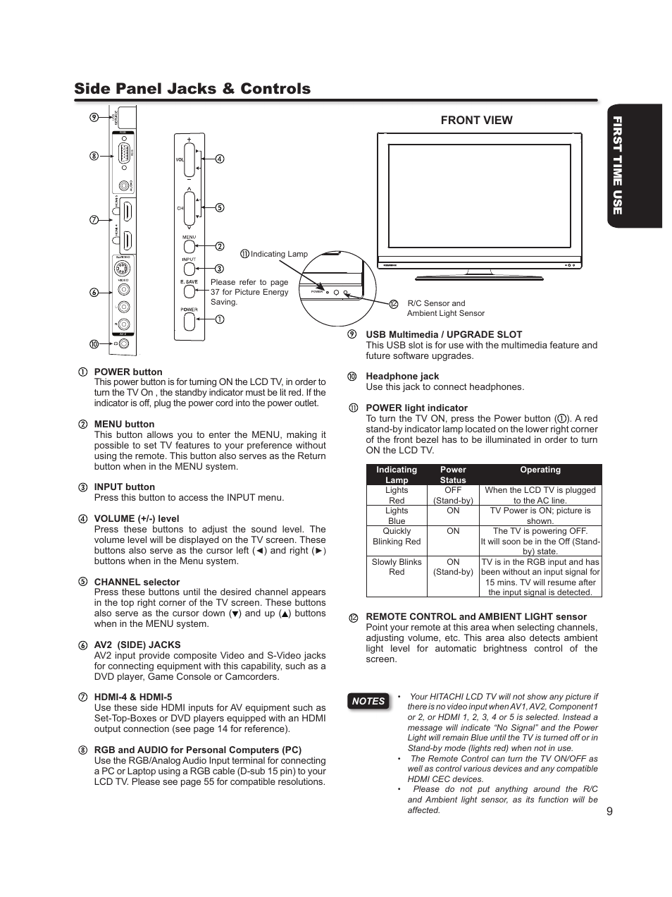 Side panel jacks & controls, Front view, First time use | Hitachi L46S603  EU User Manual | Page 9 / 60