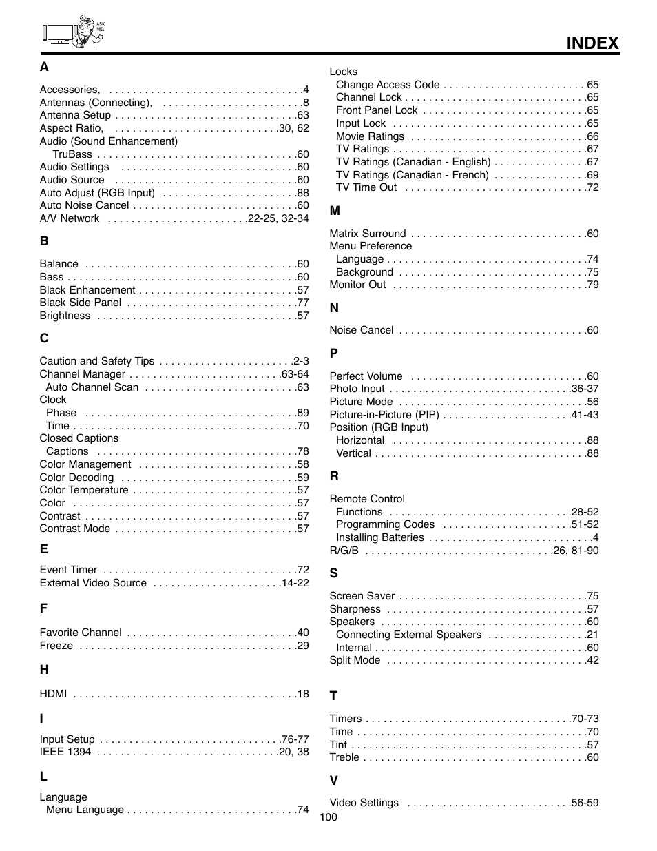 Index | Hitachi 55HDX61A User Manual | Page 100 / 104