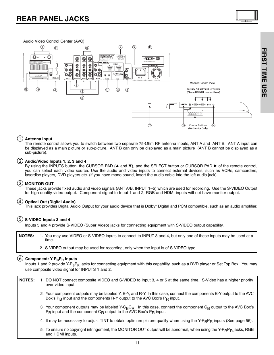 Rear panel jacks, First time use | Hitachi 55HDX61A User Manual | Page 11 / 104