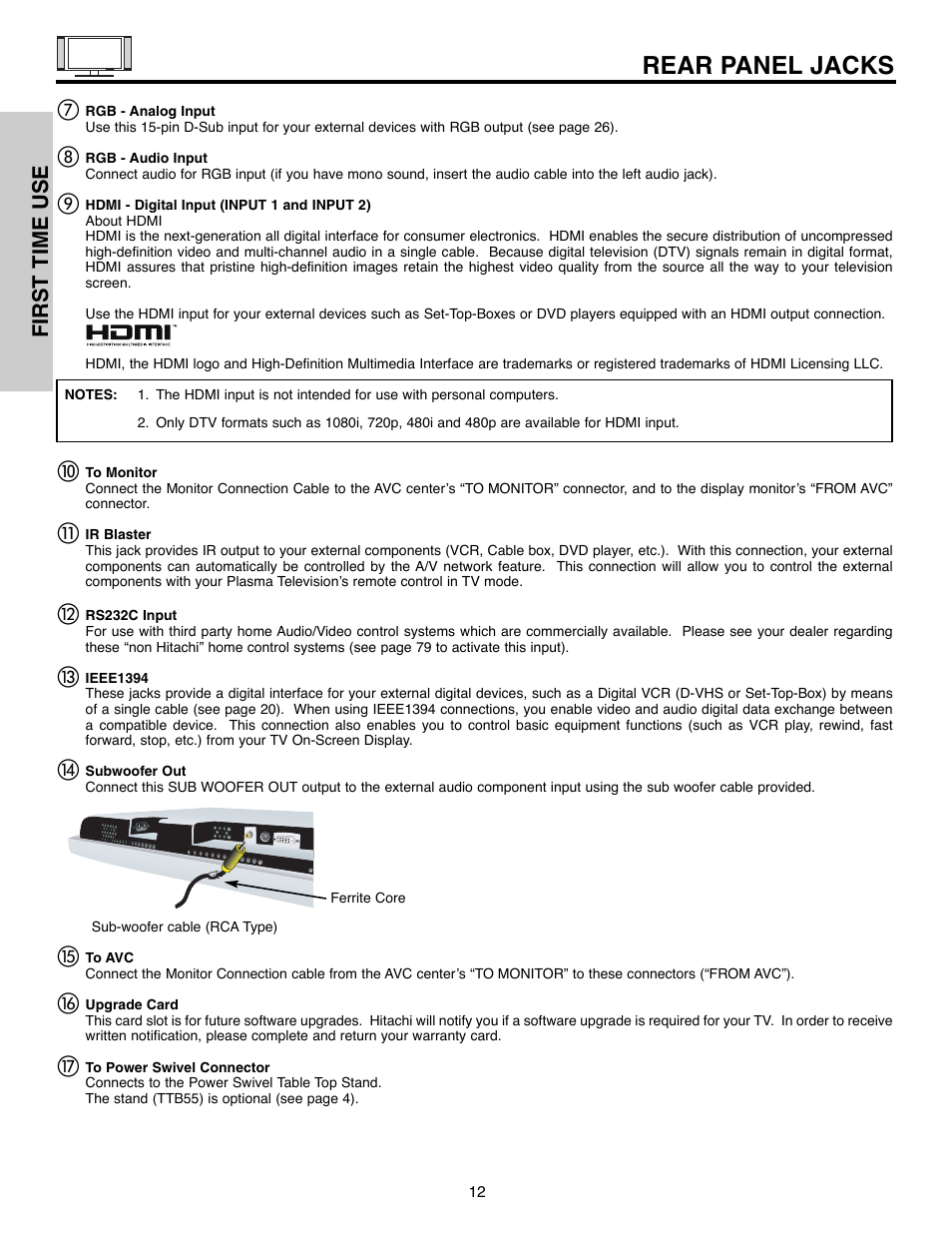 Rear panel jacks, First time use | Hitachi 55HDX61A User Manual | Page 12 / 104