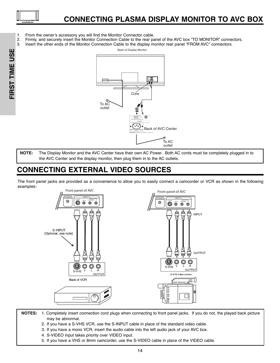 Connecting plasma display monitor to avc box, Connecting external video sources, First time use | Hitachi 55HDX61A User Manual | Page 14 / 104