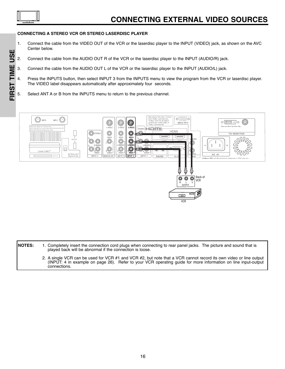 Connecting external video sources, First time use | Hitachi 55HDX61A User Manual | Page 16 / 104