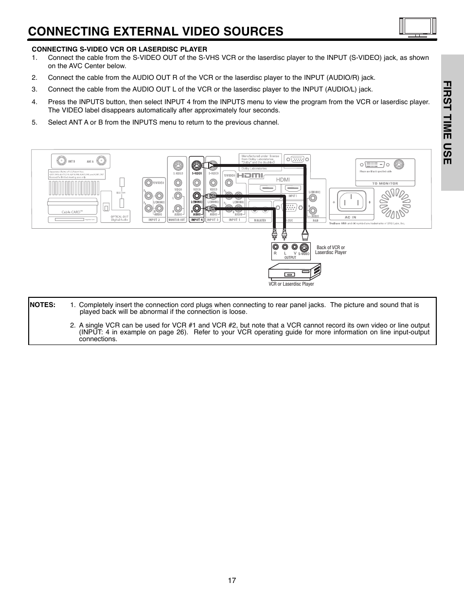 Connecting external video sources, First time use | Hitachi 55HDX61A User Manual | Page 17 / 104
