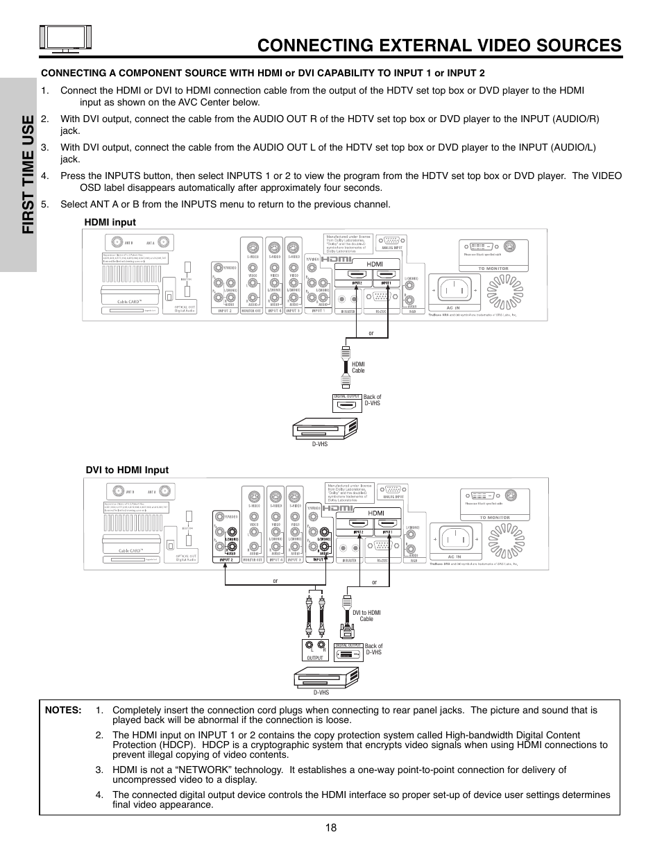 Connecting external video sources, First time use | Hitachi 55HDX61A User Manual | Page 18 / 104