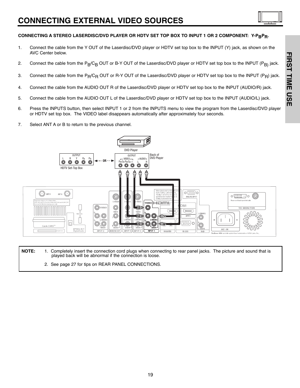 Connecting external video sources, First time use | Hitachi 55HDX61A User Manual | Page 19 / 104