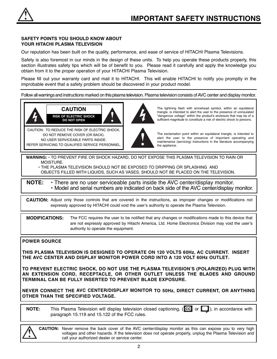Important safety instructions, Caution | Hitachi 55HDX61A User Manual | Page 2 / 104
