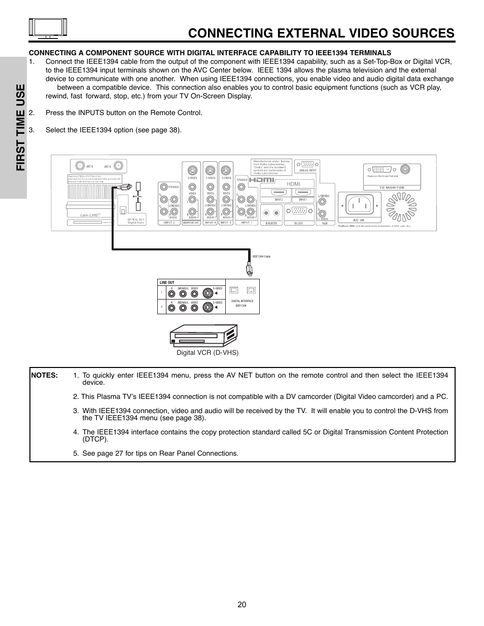 Connecting external video sources, First time use | Hitachi 55HDX61A User Manual | Page 20 / 104