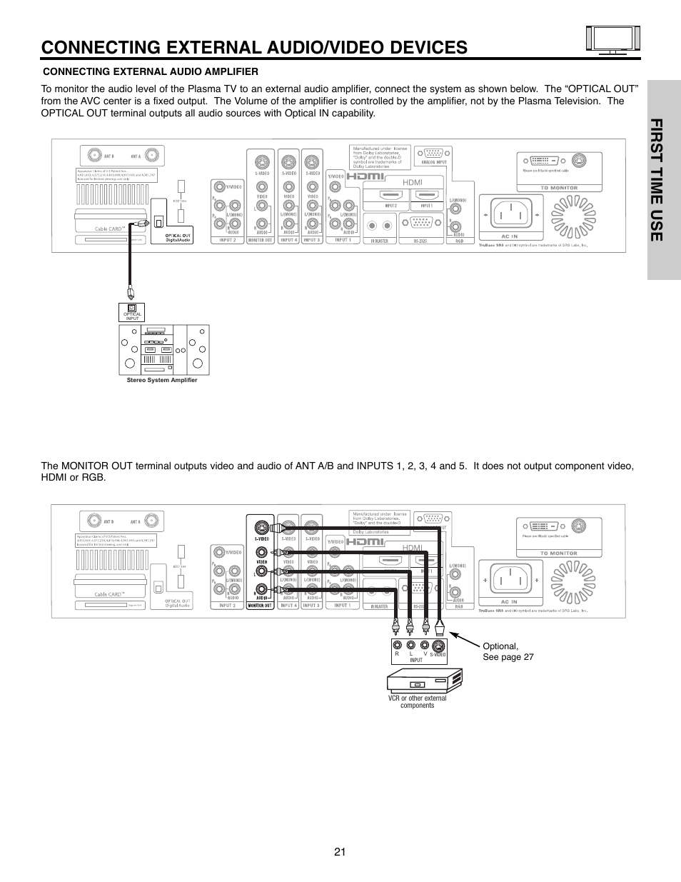 Connecting external audio/video devices, First time use | Hitachi 55HDX61A User Manual | Page 21 / 104