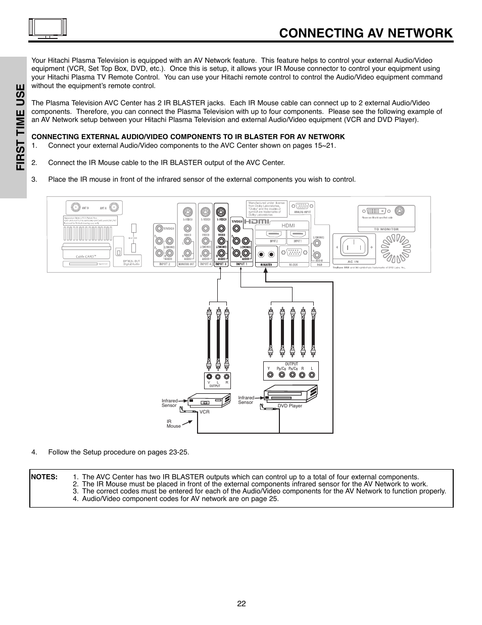 Connecting av network, First time use | Hitachi 55HDX61A User Manual | Page 22 / 104