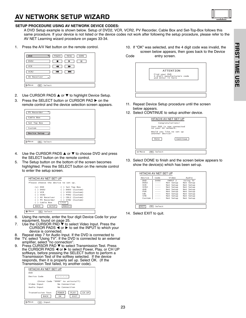 Av network setup wizard, First time use | Hitachi 55HDX61A User Manual | Page 23 / 104