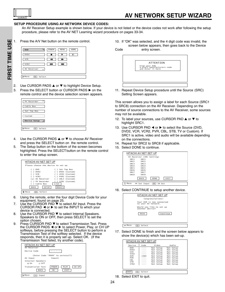 Av network setup wizard, First time use | Hitachi 55HDX61A User Manual | Page 24 / 104