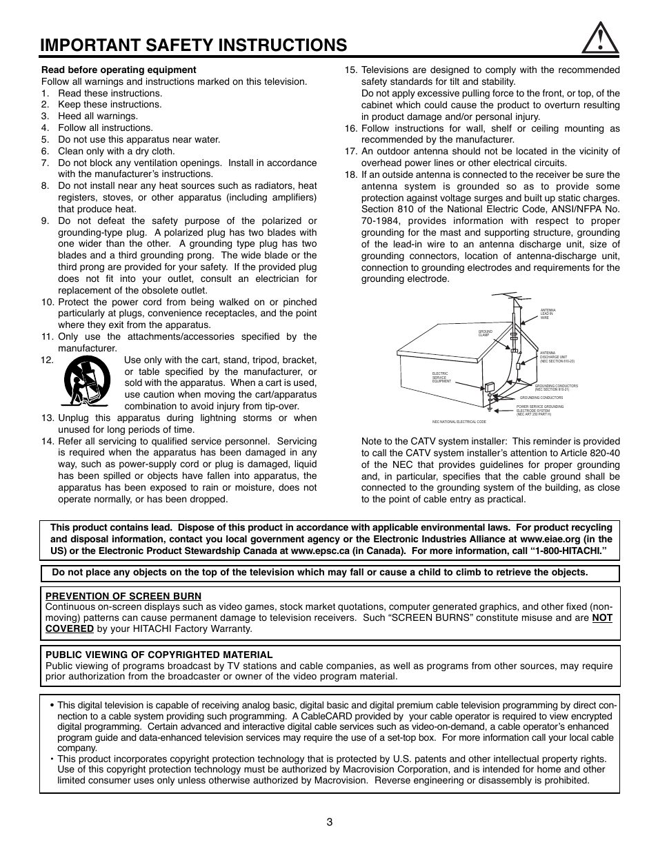 Important safety instructions | Hitachi 55HDX61A User Manual | Page 3 / 104