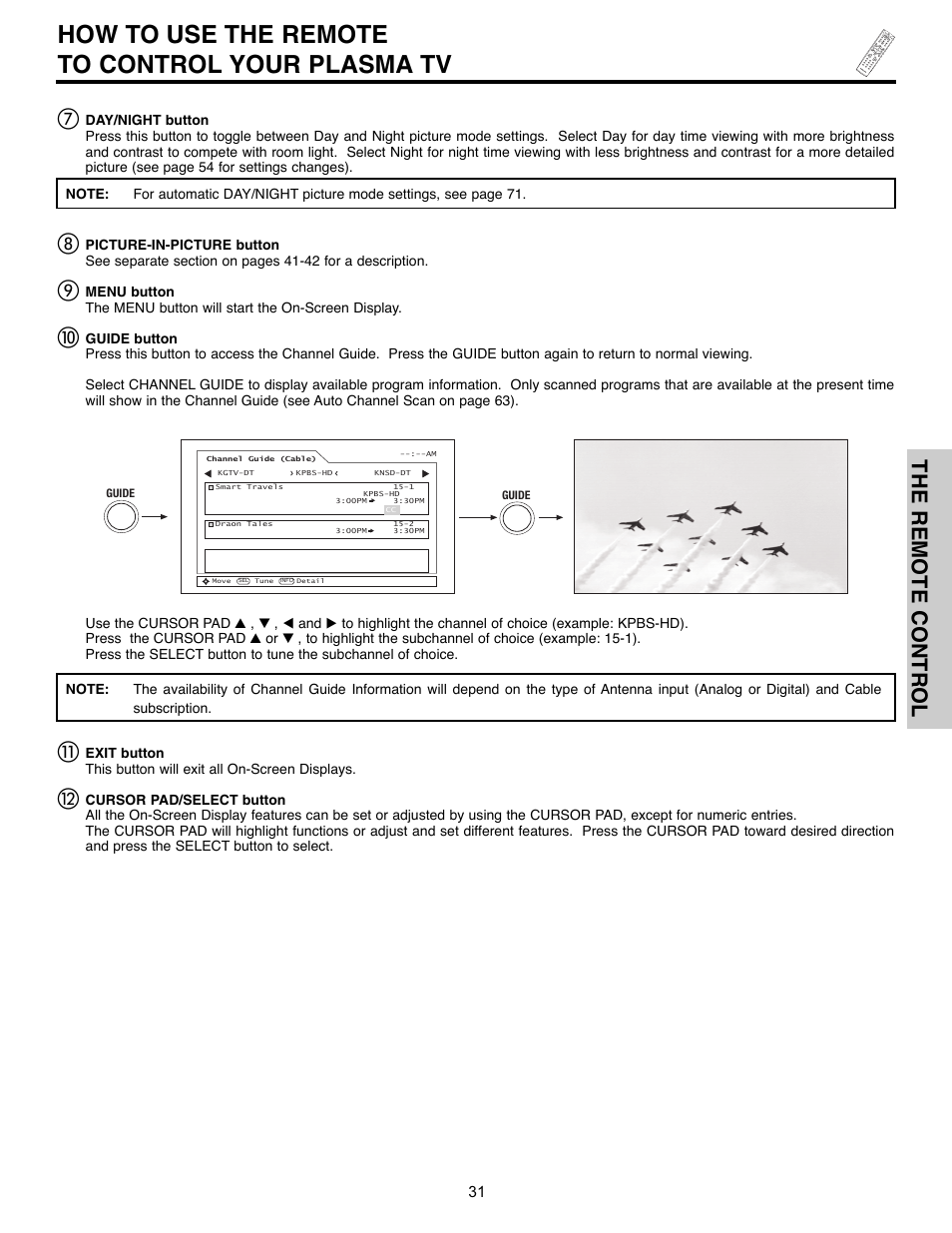 How to use the remote to control your plasma tv, The remote control | Hitachi 55HDX61A User Manual | Page 31 / 104
