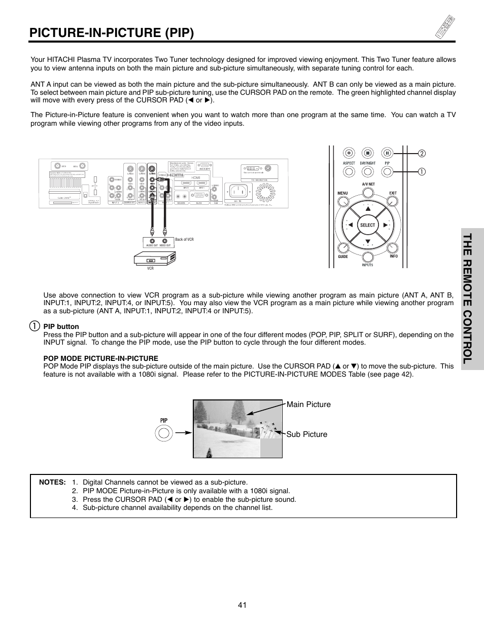 Picture-in-picture (pip), The remote control | Hitachi 55HDX61A User Manual | Page 41 / 104