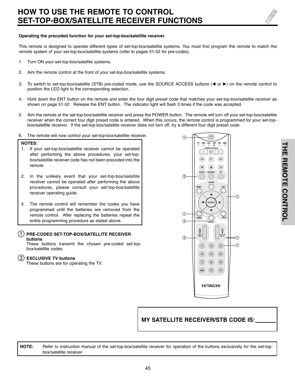 The remote control, My satellite receiver/stb code is | Hitachi 55HDX61A User Manual | Page 45 / 104